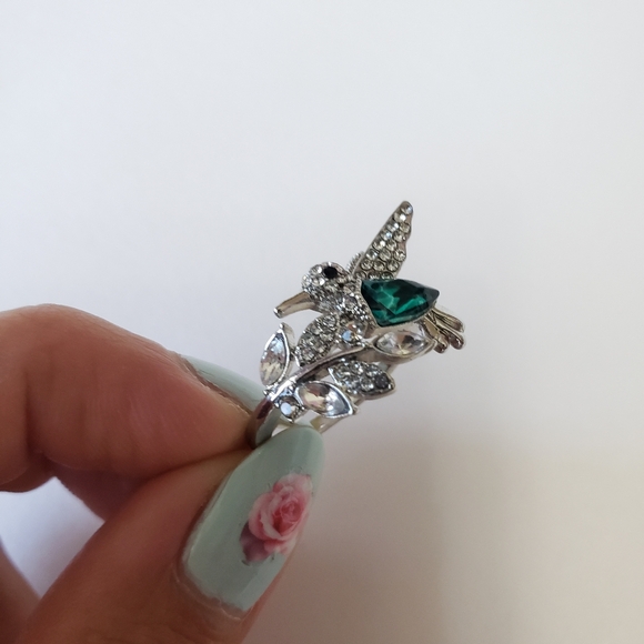 Elegant Natural Blue Stone Adjustable Hummingbird Ring for Women Glass Filled - Picture 6 of 10